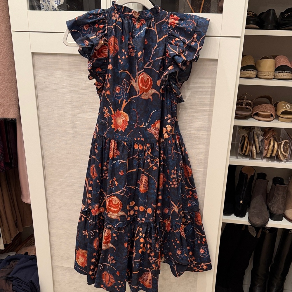 Ulla Johnson Floral Ruffle Dress in Navy and Orange - Picture 6 of 6